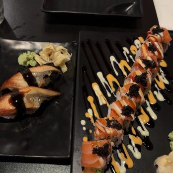 Zushi Sushi and Ramen - Unagi nigiri on the left and wolverine roll on the right. - Ramen Near Me - Webster Groves, Missouri Zushi Sushi and Ramen - Unagi nigiri on the left and wolverine roll on the right. - Ramen Near Me - Webster Groves, Missouri