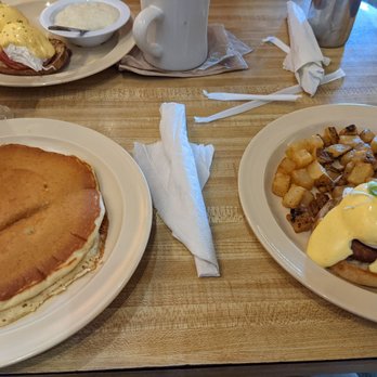 Native Cafe - Crab Cake Benny with hash browns; added on a pancake. Wife got the regular Benny - American Near Me - Gulf Breeze, Florida