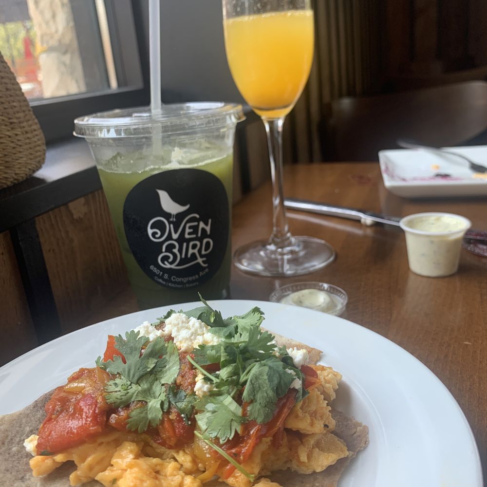 Ovenbird - Shakshuka Classic Breakfast Tacos (shakshuka), mimosa, matcha lemonade (not on the menu) - Modern European Near Me - Austin, Texas Ovenbird - Shakshuka Classic Breakfast Tacos (shakshuka), mimosa, matcha lemonade (not on the menu) - Modern European Near Me - Austin, Texas