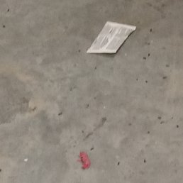 A paper document and a small pink object are on a concrete floor, with scattered dirt and debris.