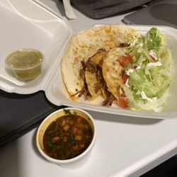 Tacos  Mexicanos la Huerta - Two small birria quesadillas with consomé, and a regular chorizo quesadilla with salsa verde. Fantastic.
