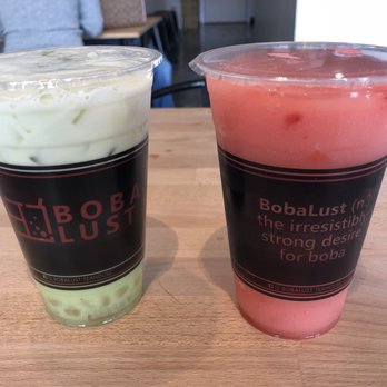 BobaLust Tea House - Thai green tea with crystal boba (before shaken) & Strawberry bits slush - Bubble Tea Near Me - Tukwila, Washington