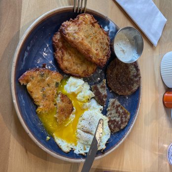 The Chalkboard Kitchen - Potato cakes with sausage & eggs - Breakfast & Brunch Near Me - South Haven, Michigan The Chalkboard Kitchen - Potato cakes with sausage & eggs - Breakfast & Brunch Near Me - South Haven, Michigan