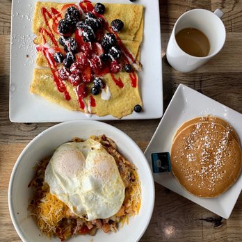 My Cafe Breakfast & Lunch - Fruit n Cream Crepe and The Works Bowl with pancakes! - Breakfast & Brunch Near Me - Fort Worth, Texas