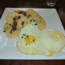 Biscuit and gravy with over easy eggs. Biscuit and gravy with over easy eggs.