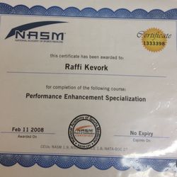 Prime Performance Pasadena - Performance Enhancement Specialist certification, Certified through National Academy of Sports Medicine.