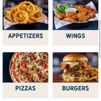 Bubba's 33 - A webpage from Bubba's 33 displays menu categories including appetizers, wings, pizzas, and burgers. - American Near Me - Tempe, Arizona