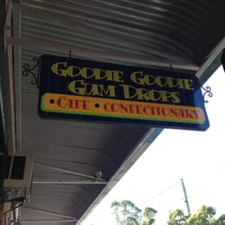 Goodie Goodie Gum Drops Cafe & Confectionary - Sign out the front.