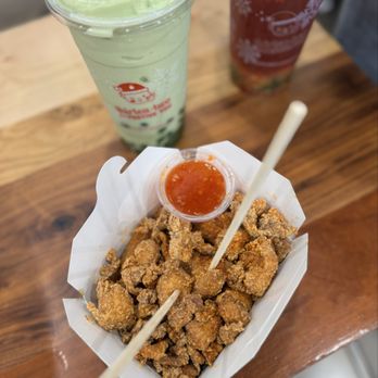 Tastea - Large Karate Chicken aka Popcorn Chicken $ 12.15, Peach Me Sweetea $ 7.70 & Avocado Avalanche $ 9.70 both in 32 oz 12.21.24 - Coffee & Tea Near Me - Rowland Heights, California