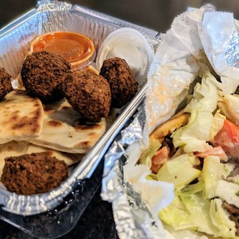 Tx Shawarma - Side of falafel (comes with pita bread) and the lamb gyro (the lamb meat is so good) - Mediterranean Near Me - Austin, Texas