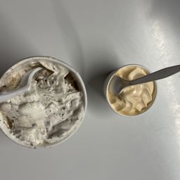 Vanilla flurry w heath bar (small) and peach soft serve (baby) Vanilla flurry w heath bar (small) and peach soft serve (baby)