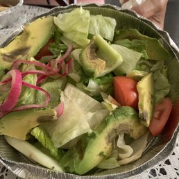 Avocado salad. Mostly iceberg lettuce, no red cabbage, the avocado was all black