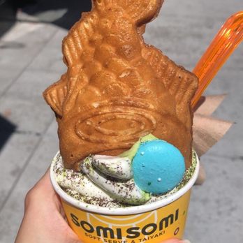 Somisomi - match & milk soft serve with a custard filled taiyaki - Ice Cream & Frozen Yogurt Near Me - Pleasanton, California Somisomi - match & milk soft serve with a custard filled taiyaki - Ice Cream & Frozen Yogurt Near Me - Pleasanton, California