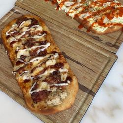 Brandy Camp Creamery and Kitchen - BBQ CBR flatbread and Buffalo chicken flatbread