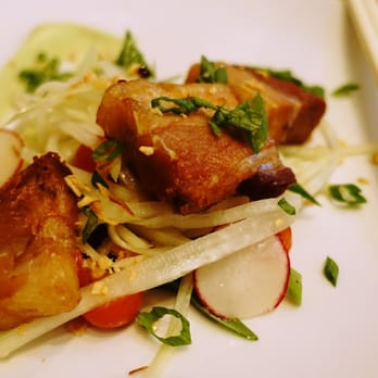 Odd Duck - Thai Pork Belly Som Tam, Green Papaya & Herb Salad, Cherry Tomato, Avocado Mousse, Fried Shallot, Chili, Fish Sauce Vinaigrette, Peanuts - New American Near Me - Milwaukee, Wisconsin Odd Duck - Thai Pork Belly Som Tam, Green Papaya & Herb Salad, Cherry Tomato, Avocado Mousse, Fried Shallot, Chili, Fish Sauce Vinaigrette, Peanuts - New American Near Me - Milwaukee, Wisconsin