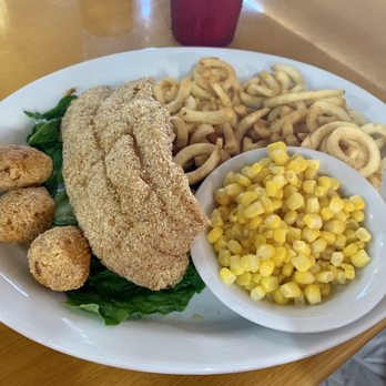 Mesquite Wood Steakhouse - Fried catfish with hush puppies, sweet corn & curly fries. - Steakhouses Near Me - Kenedy, Texas