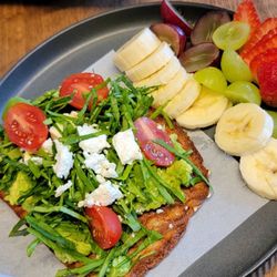 Uh La La Organic Coffee & Tea - Avocado toast on bottom, turkey panini (sandwich) on top