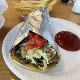 Gyros and Steak Sandwich each come with fries Gyros and Steak Sandwich each come with fries
