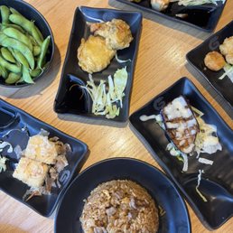 Fried Rice, Aged Tofu, Rock Shrimp, Fried Shumai, Veggie Gyoza, Zucchini, Mushroom, Eggplant & Edamame Fried Rice, Aged Tofu, Rock Shrimp, Fried Shumai, Veggie Gyoza, Zucchini, Mushroom, Eggplant & Edamame