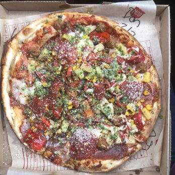 MOD Pizza - Meats, pineapple, peppers, corn, pesto and red sauce with herbs. - Pizza Near Me - Happy Valley, Oregon MOD Pizza - Meats, pineapple, peppers, corn, pesto and red sauce with herbs. - Pizza Near Me - Happy Valley, Oregon