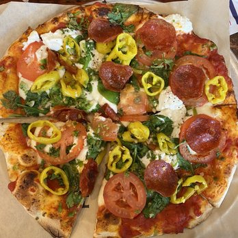 Your Pie Pizza - Pizza w/white bread; w/ Marinara, Fresh mozzarella, ricotta cheese, Spinach, tomatoes, cilantro, Pepperoni, and banana peppers. - Pizza Near Me - Pooler, Georgia Your Pie Pizza - Pizza w/white bread; w/ Marinara, Fresh mozzarella, ricotta cheese, Spinach, tomatoes, cilantro, Pepperoni, and banana peppers. - Pizza Near Me - Pooler, Georgia