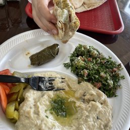 Baba ghanouj plate with tabbouli and falafel wrap