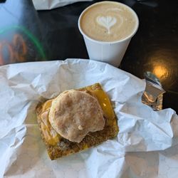 Dough Run - Breakfast biscuit with egg, cheese and turkey sausage. Pumpkin spice latte, hot. Made with homemade pumpkin syrup