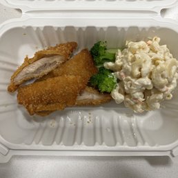 Chicken katsu keiki meal: chicken katsu over a scoop of macaroni salad + steamed veggies- $6.49 Chicken katsu keiki meal: chicken katsu over a scoop of macaroni salad + steamed veggies- $6.49