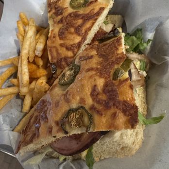 Lengthwise: The Pub - Turkey Boy Club Sandwich on Cheddar Jalapeño bread - American Near Me - Bakersfield, California