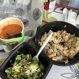 Pasta salad, broccoli salad, tomatoes bisque Pasta salad, broccoli salad, tomatoes bisque