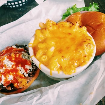Workhorse Bar - Buffalo veggie burger with homemade patty and mac n' cheese side - yum! - Dive Bars Near Me - Austin, Texas Workhorse Bar - Buffalo veggie burger with homemade patty and mac n' cheese side - yum! - Dive Bars Near Me - Austin, Texas