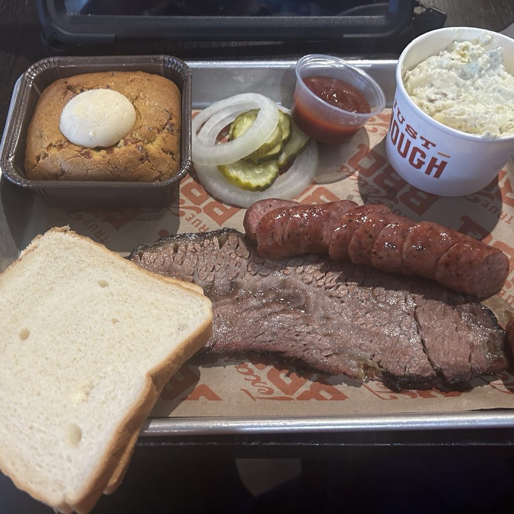 True Texas BBQ - 2 meat BBQ Plate with Brisket and Sausage. Sides of Potato Salad and Cornbread - Barbeque Near Me - Austin, Texas True Texas BBQ - 2 meat BBQ Plate with Brisket and Sausage. Sides of Potato Salad and Cornbread - Barbeque Near Me - Austin, Texas