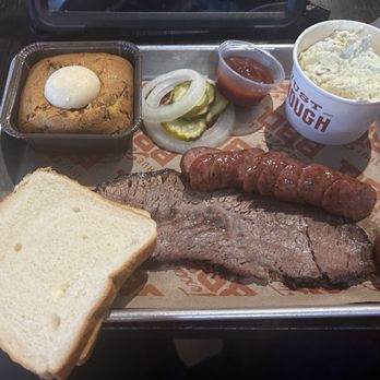 True Texas BBQ - 2 meat BBQ Plate with Brisket and Sausage. Sides of Potato Salad and Cornbread - Barbeque Near Me - Austin, Texas True Texas BBQ - 2 meat BBQ Plate with Brisket and Sausage. Sides of Potato Salad and Cornbread - Barbeque Near Me - Austin, Texas