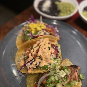 Zócalo - Folsom - Shrimp taco (Top), Baja fish taco (middle), and carnitas taco (bottom) - Breakfast & Brunch Near Me - Folsom, California