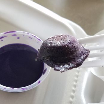 Egg Karne - Dipping mini cloud in ube syrup - Breakfast & Brunch Near Me - Herndon, Virginia