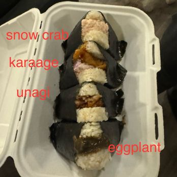 Onigilly - Santa Clara - Snow Crab GF Wasabi Karaage Unagi -Braised Eel Miso Nasu -Eggplant V GF - Japanese Near Me - Santa Clara, California Onigilly - Santa Clara - Snow Crab GF Wasabi Karaage Unagi -Braised Eel Miso Nasu -Eggplant V GF - Japanese Near Me - Santa Clara, California