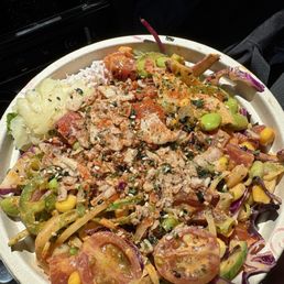 Small poke bowl with two scoops of ahi tuna