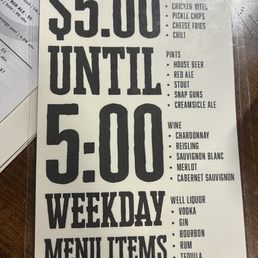 Jan. 2026 $5 until 5 PM menu. Jan. 2026 $5 until 5 PM menu.