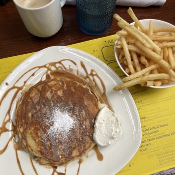 Cafe on 27 - Churro Chai Pancakes  Vanilla Caffe Latte and a side of French fries (to share) - Breakfast & Brunch Near Me - Topanga, California
