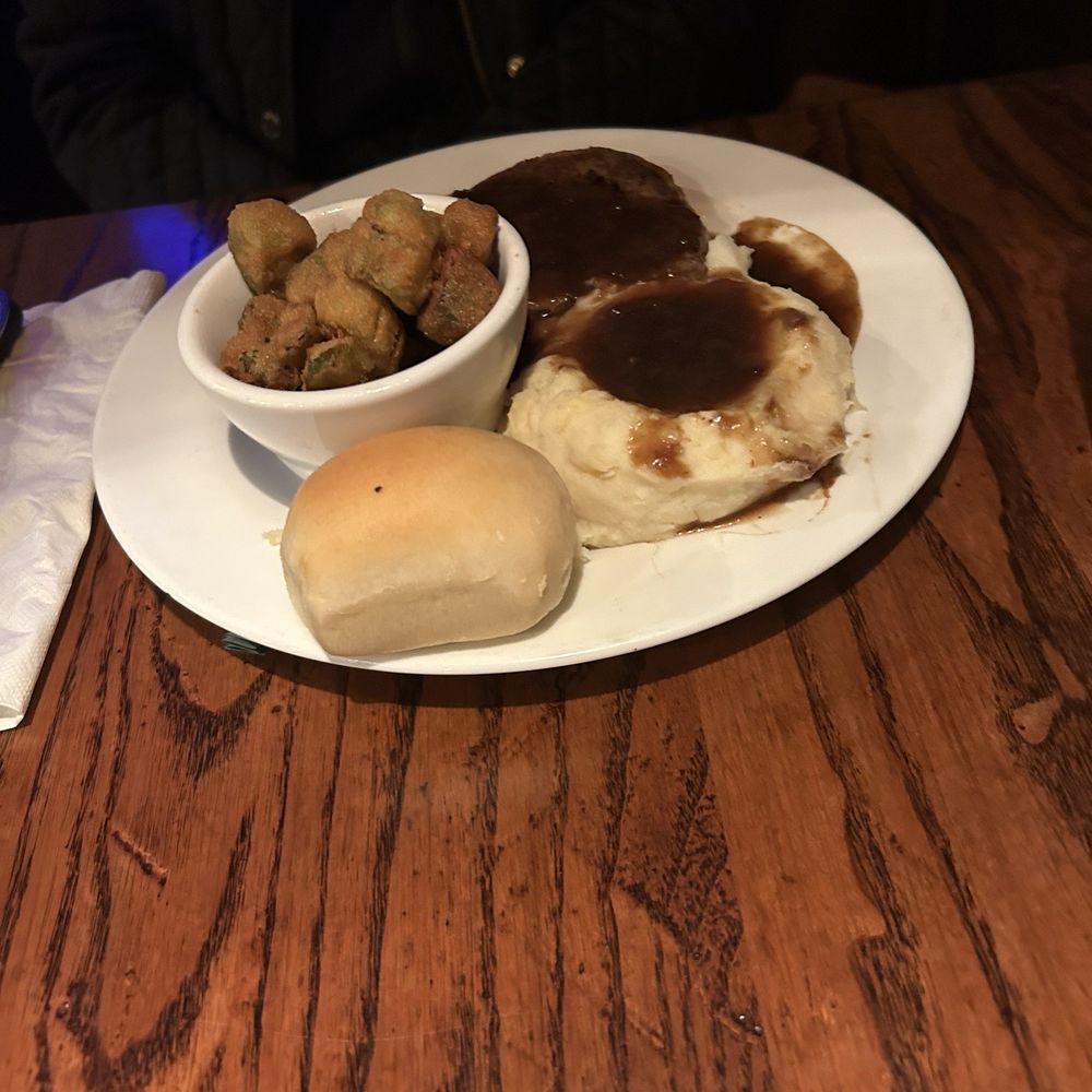 West End Grill - Meatloaf with sides okra and mashed potatoes - New American Near Me - Huntsville, Alabama West End Grill - Meatloaf with sides okra and mashed potatoes - New American Near Me - Huntsville, Alabama