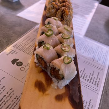 O-Ku - Yuzu Fuego roll in the front, Crunchy Prawn roll in the back. - Sushi Bars Near Me - Washington, DC, District of Columbia O-Ku - Yuzu Fuego roll in the front, Crunchy Prawn roll in the back. - Sushi Bars Near Me - Washington, DC, District of Columbia