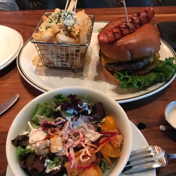 ProAbition - Heart attack burger, just okay. Fries with blue cheese and side salad. - New American Near Me - Riverside, California ProAbition - Heart attack burger, just okay. Fries with blue cheese and side salad. - New American Near Me - Riverside, California