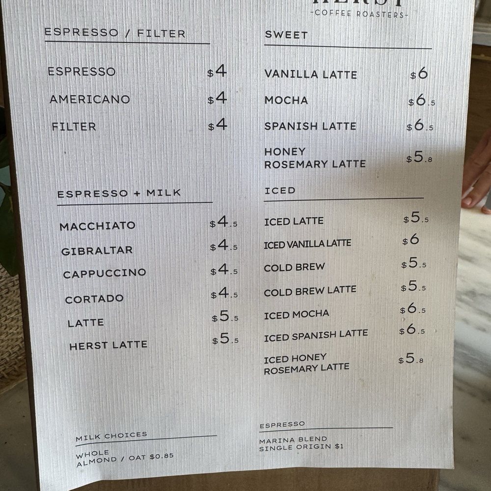 Herst Coffee Roasters - Menu 3/2025 - Coffee Roasteries Near Me - Newport Beach, California