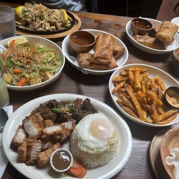 Tselogs - Tofu sisig, Vegetable pancit, paresilog & lechon kawali silog, vegetable lumpia, seasoned fries, steamed bok choy, vegetable atchara - Filipino Near Me - Daly City, California