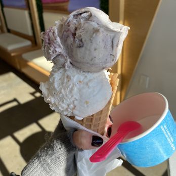 Cosmic Ice Cream - Two scoops (blueberry cake donut on top of coconut) in a waffle cone. They gave me a cup and spoon in case it toppled! - Ice Cream & Frozen Yogurt Near Me - Webster, Texas Cosmic Ice Cream - Two scoops (blueberry cake donut on top of coconut) in a waffle cone. They gave me a cup and spoon in case it toppled! - Ice Cream & Frozen Yogurt Near Me - Webster, Texas