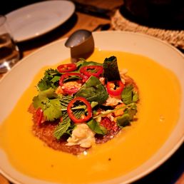Maine Lobster Crispy Rice- Thai chili, red curry, Meyer lemon, and basil. $42. Very tasty Maine Lobster Crispy Rice- Thai chili, red curry, Meyer lemon, and basil. $42. Very tasty