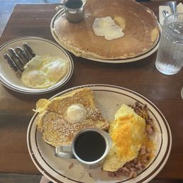 2 egg omelet and french toast.   Eggs, sausage links and GIANT pancake!