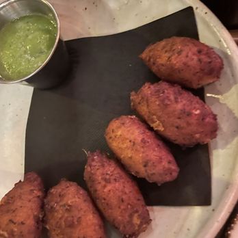 Alta Adams - Black Eyed Pea Fritters with Spicy Herb Sauce - New American Near Me - Los Angeles, California Alta Adams - Black Eyed Pea Fritters with Spicy Herb Sauce - New American Near Me - Los Angeles, California