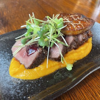 Plane & Level - Duck breast with foie gras and butternut squash purée. - Tapas Bars Near Me - Spring, Texas Plane & Level - Duck breast with foie gras and butternut squash purée. - Tapas Bars Near Me - Spring, Texas