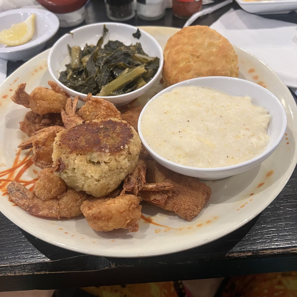 Rivertown Bistro - Crab cake, shrimp, cheese grits, greens, biscuit - New American Near Me - Conway, South Carolina Rivertown Bistro - Crab cake, shrimp, cheese grits, greens, biscuit - New American Near Me - Conway, South Carolina